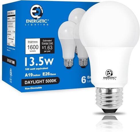 مصابيح LED للإضاءة النشطة 100 وات مكافئة، سطوع فائق 1600 لومن، ضوء النهار 5000 كلفن، لمبة LED A19 غير قابلة للتعتيم، قاعدة قياسية E26، مدرجة في قائمة ETL، 6 عبوات in Kuwait