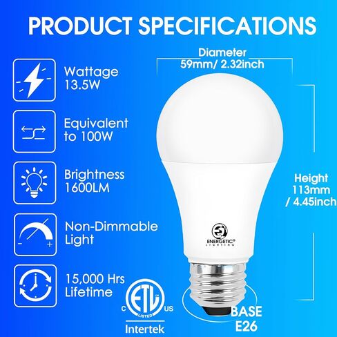 مصابيح LED للإضاءة النشطة 100 وات مكافئة، سطوع فائق 1600 لومن، ضوء النهار 5000 كلفن، لمبة LED A19 غير قابلة للتعتيم، قاعدة قياسية E26، مدرجة في قائمة ETL، 6 عبوات in Kuwait