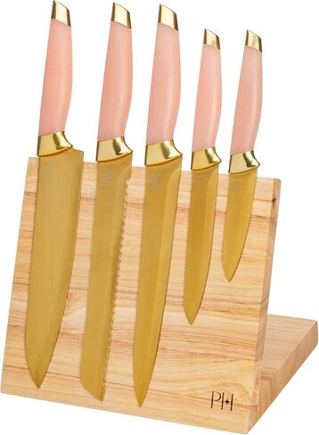 Paris Hilton Knife Block Set with Magnetic Wooden Knife Block, High Carbon Stainless Steel Blades with Titanium Coating, Sleek Comfortable Grip Handles, 6-Piece Set, Pink and Gold in Saudi Arabia