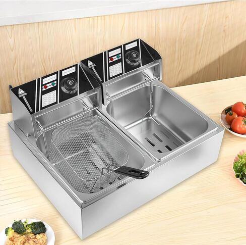 مقلاة عميقة تجارية Lovswan 12.7QT مع سلتين وغطاءين، مقلاة كهربائية ذات أسطوانة مزدوجة من الفولاذ المقاوم للصدأ بسعة 2 × 6 لتر، تحكم في درجة الحرارة، قابلة للإزالة وسهلة التنظيف 2 × 2500 وات EH82 in Kuwait