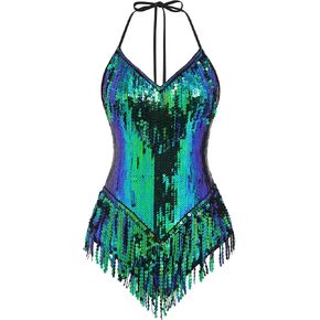 Women Sexy Sequin Fringe Bodysuit Romper Sparkly Tassel Latin Jazz Dance Acrobat Costume Dancing Music Festival Rave Outfits in Kuwait