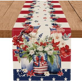 4th of July Table Runner Cardinal Flowers Flag Stripe Memorial Day Independence Day Patriotic Table Decoration Home Kitchen Party Supply 13x72 Inch in Saudi Arabia