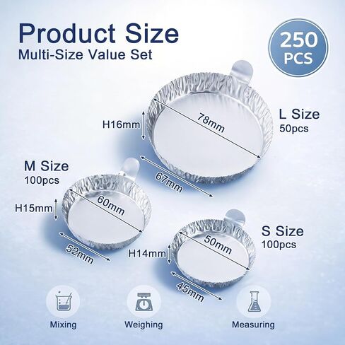 250 Pcs Aluminum Foil Weigh Boats Multi-Size (50L, 100M, 100S), Disposable Sample Pans with Handle for Lab Moisture Analyzers, Analytical Balance, Epoxy Resin, Powder & Liquid Weighing in Kuwait