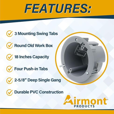 (Pack of 1) 4'' Old Work Round Electrical Box, One-Gang Grey PVC Junction Box, 18 Inch Capacity, Round Ceiling Remodel Box with Built-in Mounting Tabs, Three Mounting Wings, 2-Hour Fire Rated Walls in Saudi Arabia