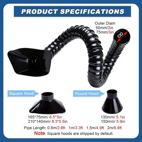 Hard 50 75mm OD Articulated Hose, 2.6 3.3 4.9 6.6ft Long Air Extractor Flexible Duct Collector Arm with Hood, for Laboratory Smoke Remove Pipe(OD-3inch/75MM,L2.6FT/0.8m) in Kuwait