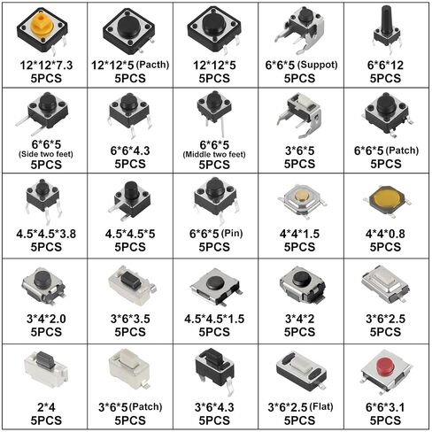 UMLIFE 125 قطعة 25 قيمة مفتاح لمس لحظي صغير، SMD & DIP مفتاح ضغط باللمس باللمس، 2/3/4 دبوس مصغر صغير، مجموعة متنوعة من مفاتيح اللباقة الصغيرة in Kuwait