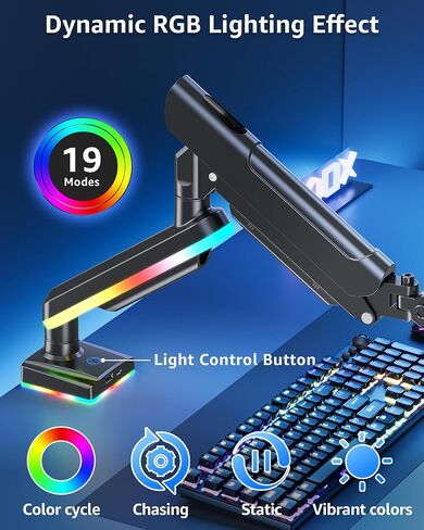 ذراع شاشة واحدة MOUNTUP RGB يناسب 32 27 24 22 بوصة، يحمل شاشات 4.4-22 رطل، حامل شاشة للمكتب مع مصابيح RGB، 19 وضعًا، حامل مكتبي لشاشات الكمبيوتر، حامل VESA مع قواعد مشبك وحلقة معدنية in Kuwait