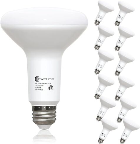 evelor 12 حزمة BR30 مصابيح LED للفيضانات 65 واط مكافئة، 7 واط كفاءة في استخدام الطاقة، مصابيح 800LM قابلة للتعتيم 5000 كيلو ضوء النهار الأبيض، قاعدة E26 للعلب المريحة، غرفة نوم المطبخ المنزلي الداخلي، 15000 ساعة، ETL in Kuwait
