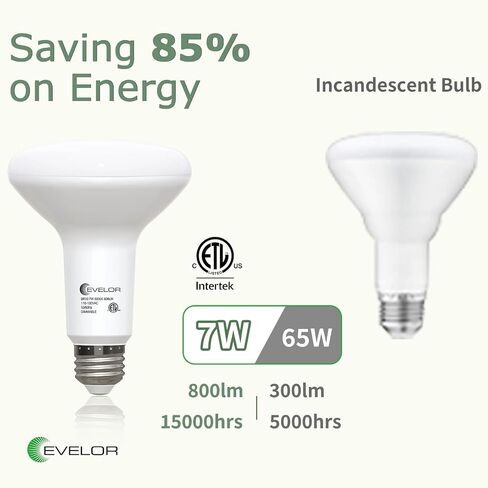 evelor 12 حزمة BR30 مصابيح LED للفيضانات 65 واط مكافئة، 7 واط كفاءة في استخدام الطاقة، مصابيح 800LM قابلة للتعتيم 5000 كيلو ضوء النهار الأبيض، قاعدة E26 للعلب المريحة، غرفة نوم المطبخ المنزلي الداخلي، 15000 ساعة، ETL in Kuwait