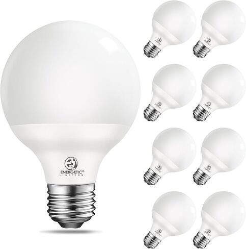 مصابيح إضاءة فانيتي غلوب G25 LED لمنطقة المعيشة في مرآة الحمام الداخلية، ضوء نهار 5000 كلفن، 600 لومن، 6 وات، قاعدة E26، لمبة زخرفية محيطة كلاسيكية بلوري مستديرة، مدرجة في قائمة ETL، 8 عبوات in Kuwait