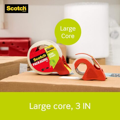 Scotch Sure Start Shipping Packaging Tape, 1.88" x 38.2 yd, Designed for Packing, Shipping and Mailing, Quiet Unwind, No Splitting or Tearing, 1.5" Core, Clear, 1 Dispensered Roll (Pack of 2) in Kuwait