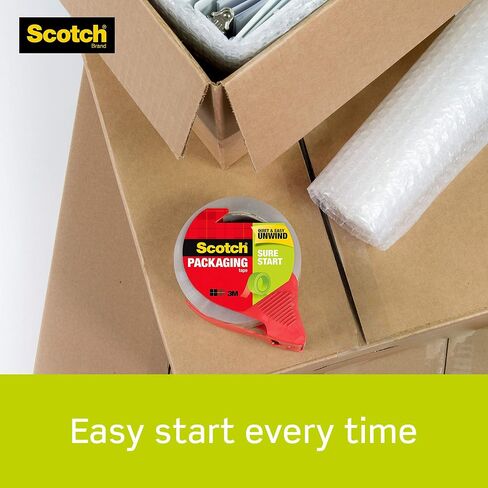 Scotch Sure Start Shipping Packaging Tape, 1.88" x 38.2 yd, Designed for Packing, Shipping and Mailing, Quiet Unwind, No Splitting or Tearing, 1.5" Core, Clear, 1 Dispensered Roll (Pack of 2) in Kuwait