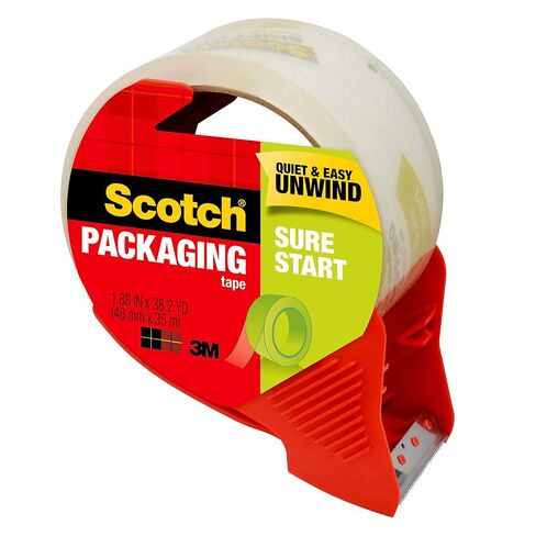 Scotch Sure Start Shipping Packaging Tape, 1.88" x 38.2 yd, Designed for Packing, Shipping and Mailing, Quiet Unwind, No Splitting or Tearing, 1.5" Core, Clear, 1 Dispensered Roll (Pack of 2) in Kuwait