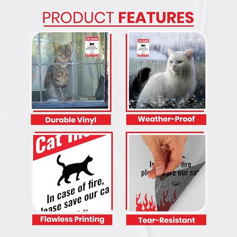 Cat Inside Sticker 5 Pack Durable, Waterproof- in Case of Fire Please Save Our Cat" Pet Rescue Label Set, 2 x Large (3.75 x 5.5) Inch & 3 x (2.75 x 4) Inch | Self-Adhesive, UV-Resistant, Water-Proof in Kuwait