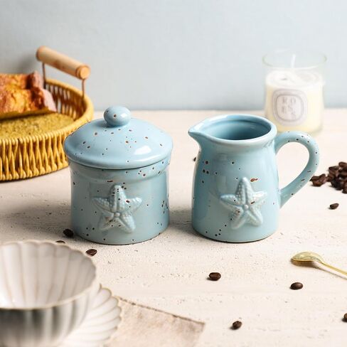 Colias Wing Retro Starfish Embossed Creamer and Sugar Bowl Set, Coffee Serving Cream Pitcher, Sugar Bowl with Lid Set in Kuwait