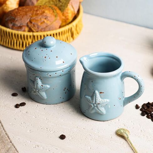 Colias Wing Retro Starfish Embossed Creamer and Sugar Bowl Set, Coffee Serving Cream Pitcher, Sugar Bowl with Lid Set in Kuwait