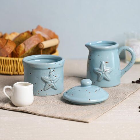 Colias Wing Retro Starfish Embossed Creamer and Sugar Bowl Set, Coffee Serving Cream Pitcher, Sugar Bowl with Lid Set in Kuwait
