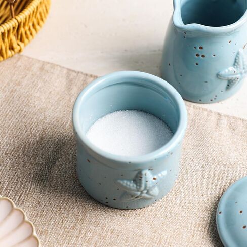 Colias Wing Retro Starfish Embossed Creamer and Sugar Bowl Set, Coffee Serving Cream Pitcher, Sugar Bowl with Lid Set in Kuwait