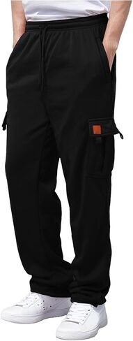 Men's Heavyweight Fleece Cargo Sweatpants Stretch Elastic Waist Trousers Drawstring Loose Fit Joggers with Pockets in Kuwait