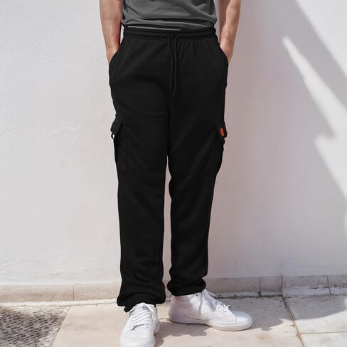 Men's Heavyweight Fleece Cargo Sweatpants Stretch Elastic Waist Trousers Drawstring Loose Fit Joggers with Pockets in Kuwait