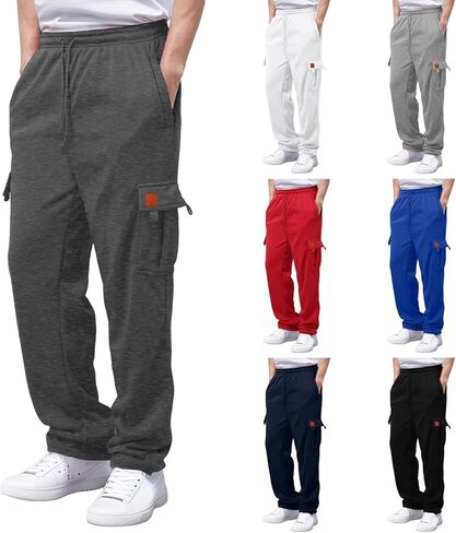 Men's Heavyweight Fleece Cargo Sweatpants Stretch Elastic Waist Trousers Drawstring Loose Fit Joggers with Pockets in Kuwait