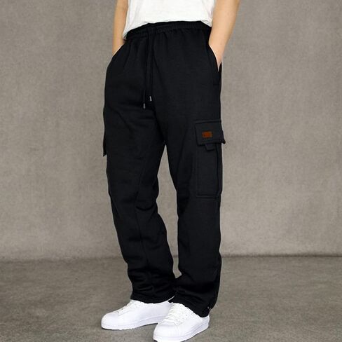 Men's Heavyweight Fleece Cargo Sweatpants Stretch Elastic Waist Trousers Drawstring Loose Fit Joggers with Pockets in Kuwait