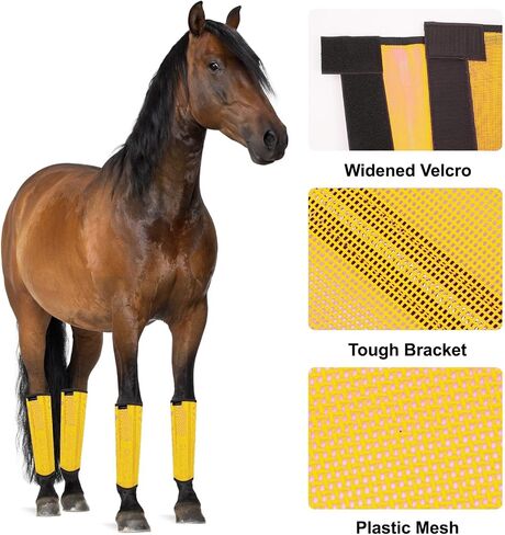 أحذية FOXLVDA Horse Fly - مجموعة من 4 أحذية طيران للخيول، طماق مريحة للخيول، مع قضبان دعم شبكية ومعدنية لتقليل الدوس وتعب الساق، للخيول متوسطة الحجم (أصفر، كبير) in Kuwait