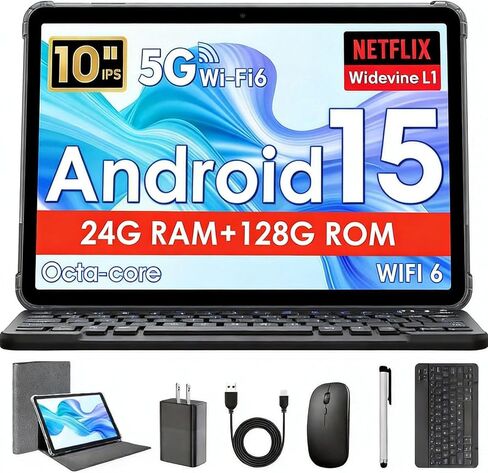 Android 15 Tablet, Mini Laptop with Keyboard, Cheap Laptop Small 2 in 1 Tablets Clearance 2025 2026, 10 Inch 24GB RAM+128GB ROM, Octa-Core 6000mAh 1280x800 IPS HD, 5G WiFi with Mouse (Gray) in Kuwait