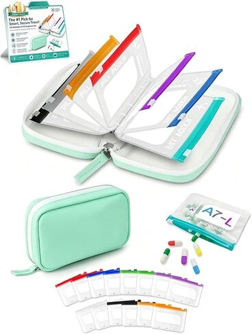 Waterproof Pill Organizer Set, Pill Pouch Organizer Binder, Waterproof Pill Pouch Set, Travel Medicine Organizers with 14 Color-Coded Pouches, Leakproof Reusable Zippered Storage Case(Green) in Kuwait