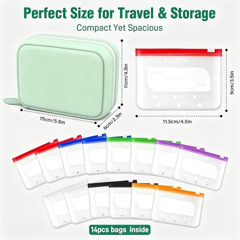 Waterproof Pill Organizer Set, Pill Pouch Organizer Binder, Waterproof Pill Pouch Set, Travel Medicine Organizers with 14 Color-Coded Pouches, Leakproof Reusable Zippered Storage Case(Green) in Kuwait