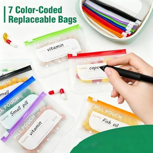 Waterproof Pill Organizer Set, Pill Pouch Organizer Binder, Waterproof Pill Pouch Set, Travel Medicine Organizers with 14 Color-Coded Pouches, Leakproof Reusable Zippered Storage Case(Green) in Kuwait