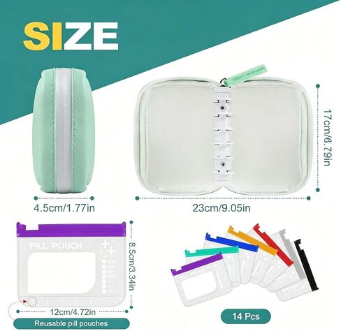 Waterproof Pill Organizer Set, Pill Pouch Organizer Binder, Waterproof Pill Pouch Set, Travel Medicine Organizers with 14 Color-Coded Pouches, Leakproof Reusable Zippered Storage Case(Green) in Kuwait