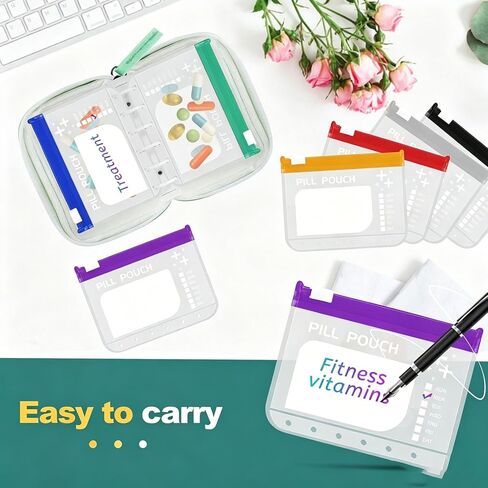 Waterproof Pill Organizer Set, Pill Pouch Organizer Binder, Waterproof Pill Pouch Set, Travel Medicine Organizers with 14 Color-Coded Pouches, Leakproof Reusable Zippered Storage Case(Green) in Kuwait