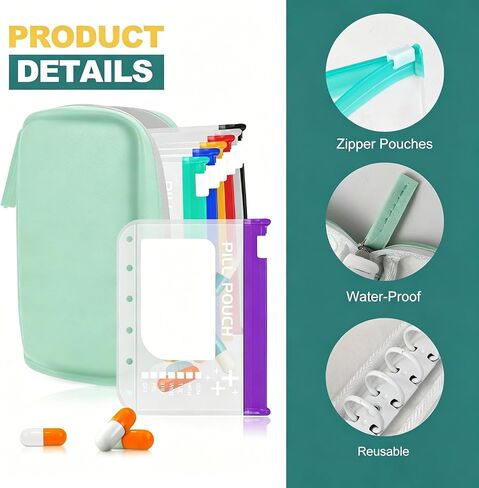 Waterproof Pill Organizer Set, Pill Pouch Organizer Binder, Waterproof Pill Pouch Set, Travel Medicine Organizers with 14 Color-Coded Pouches, Leakproof Reusable Zippered Storage Case(Green) in Kuwait