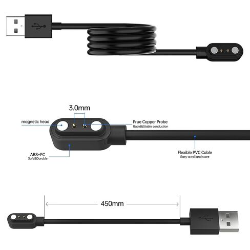 شاحن الساعة الذكية، كابل شحن USB مغناطيسي بديل للساعة الذكية سلك 2Pin، تباعد الدبوس 3 مم، متوافق مع IDW13، IDW19، IDW26، ID208plus، TGW01 VeryFit Watch in Kuwait
