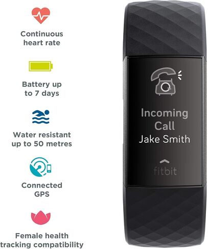 جهاز تعقب أنشطة اللياقة البدنية Fitbit Charge 3، جرافيت/أسود، مقاس واحد (لا يوجد دعم ضمان فيتبيت)، 0.06 رطل (متجدد) in Kuwait
