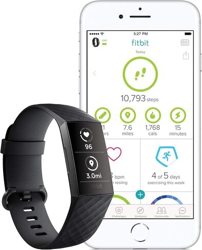 جهاز تعقب أنشطة اللياقة البدنية Fitbit Charge 3، جرافيت/أسود، مقاس واحد (لا يوجد دعم ضمان فيتبيت)، 0.06 رطل (متجدد) in Kuwait