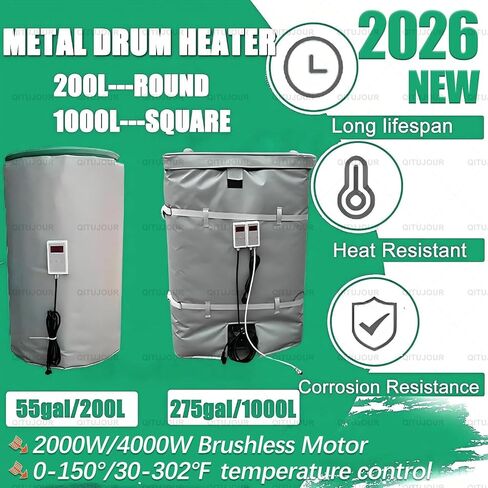 غطاء كامل IBC Tote Heater بطانية، 2000W / 4000W سخان دلو معدني معزول، بطانية IBC Drum Heater، بطانية حرارية لأسطوانة الزيت قابلة للتعديل درجة الحرارة 30-302 ℉، حرارة سريعة ومتساوية (أسود، 55 جالون / 200 لتر) in Kuwait