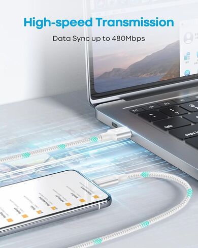 كابل Huukein أبيض USB A إلى USB C بطول 20 قدمًا، كابل USB C طويل جدًا شحن سريع، سلك شاحن USBC لهاتف iPhone 17 Air 16 15 Pro Max Plus، لهاتف Samsung Galaxy S21 Note 10 in Kuwait