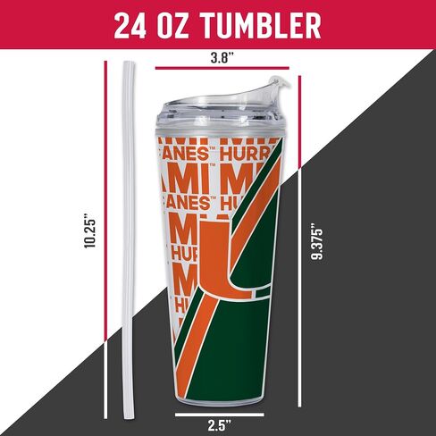 Rico Industries NCAA Miami Hurricanes - كوب أكريليك قياسي U سعة 24oz مع غطاء مفصلي، كوب مزدوج الجدار مرخص رسميًا مع قش in Kuwait