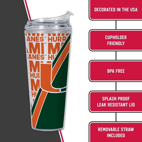 Rico Industries NCAA Miami Hurricanes - كوب أكريليك قياسي U سعة 24oz مع غطاء مفصلي، كوب مزدوج الجدار مرخص رسميًا مع قش in Kuwait