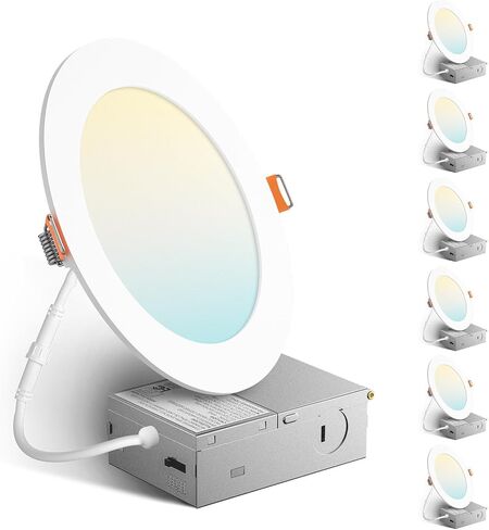 Amico 6 عبوات 6 بوصات 5CCT رفيعة جدًا LED ضوء السقف مع صندوق توصيل معدني، 2700K-5000K يمكن اختياره، 12W Eqv 110W، إضاءة سفلية من الرقاقة غير القابلة للضوء مع زخرفة بلاستيكية، 1050 لومن -ETL&FCC in Kuwait