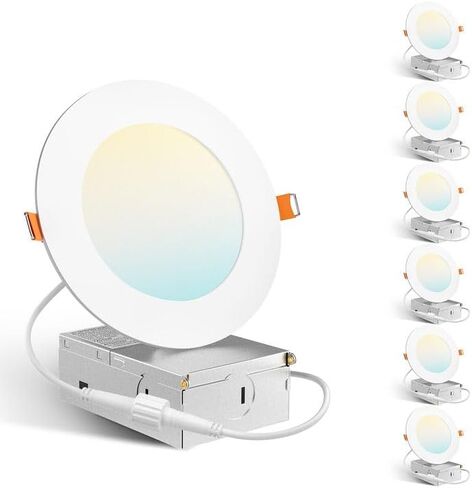 Amico 6 عبوات 6 بوصات 5CCT رفيعة جدًا LED ضوء السقف مع صندوق توصيل معدني، 2700K-5000K يمكن اختياره، 12W Eqv 110W، إضاءة سفلية من الرقاقة غير القابلة للضوء مع زخرفة بلاستيكية، 1050 لومن -ETL&FCC in Kuwait