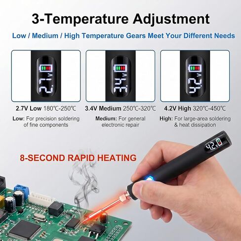قلم عربة لحام كهربائي لاسلكي محمول، مجموعة لحام قابلة لإعادة الشحن 3 درجات حرارة مع شاشة LED، موصل عالمي 510 خيط، أداة لحام للمبتدئين لإصلاح الإلكترونيات، DIY ولوحة الدوائر in Kuwait