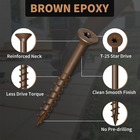 براغي خشبية مقاس 2 بوصة، مسامير سطح FIXLINK #8 × 2، 100 قطعة، مطلية بالإيبوكسي، T25 Star Bit فوق 1500 ساعة طلاء رش الملح مسامير التزيين الخارجية مقاومة ممتازة للصدأ للسياج الخشبي، بني in Kuwait