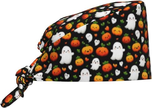 Cute Cartoon Ghost Pumpkin Print Scrub Caps Women Men, Nurse Cap Surgical Caps Scrub Hats for Women Men, Adjustable Working Cap with Sweatband Black in Kuwait