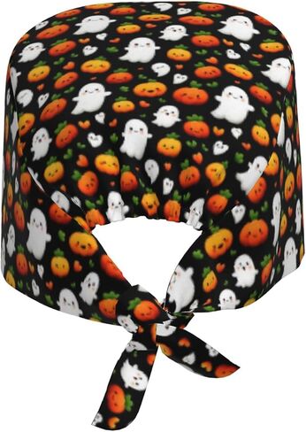 Cute Cartoon Ghost Pumpkin Print Scrub Caps Women Men, Nurse Cap Surgical Caps Scrub Hats for Women Men, Adjustable Working Cap with Sweatband Black in Kuwait