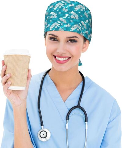 Blue White Palm Trees(1) Print Scrub Caps Women Men, Nurse Cap Surgical Caps Scrub Hats for Women Men, Adjustable Working Cap with Sweatband in Kuwait
