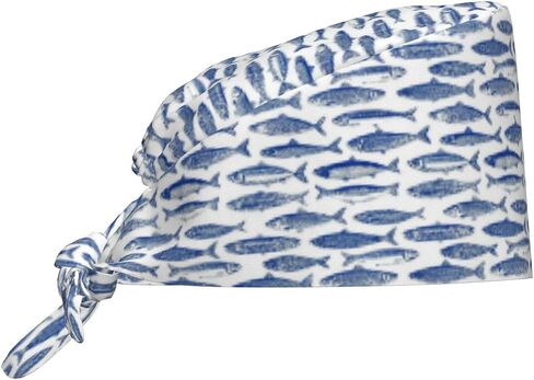 Blue White Vintage Fish Print Scrub Caps Women Men, Nurse Cap Surgical Caps Scrub Hats for Women Men, Adjustable Working Cap with Sweatband in Kuwait