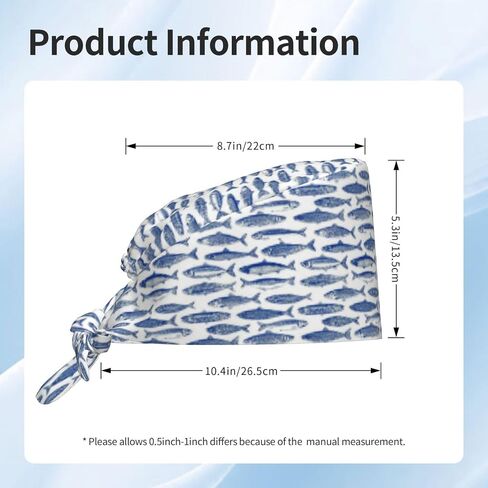 Blue White Vintage Fish Print Scrub Caps Women Men, Nurse Cap Surgical Caps Scrub Hats for Women Men, Adjustable Working Cap with Sweatband in Kuwait